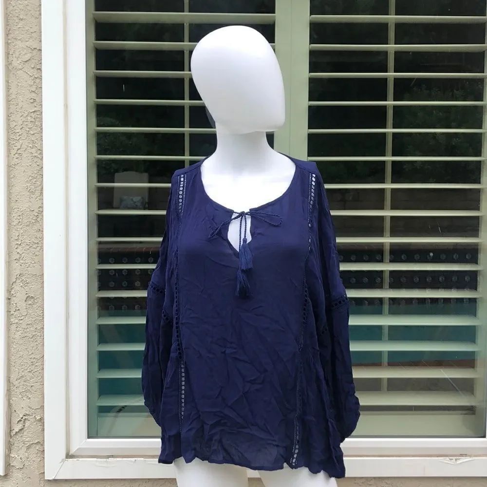 A.N.A. Dark Blue Front Tie Blouse Sz Large